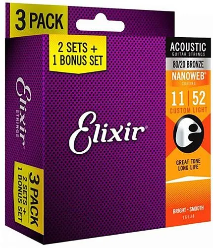 Elixir 16538 Nanoweb (11-52) Три комплекта струн для акустической гитары, Custom Light (11-52).