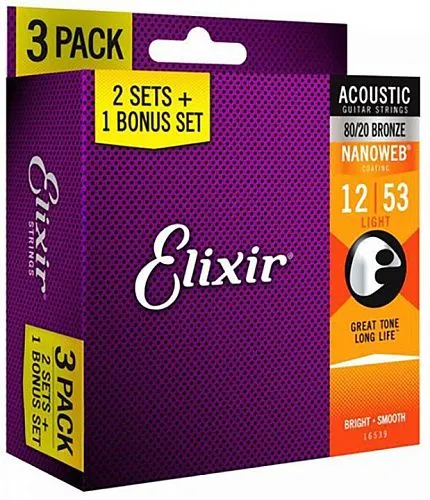 Elixir 16539 Nanoweb (12-53) Три комплекта струн для акустической гитары.